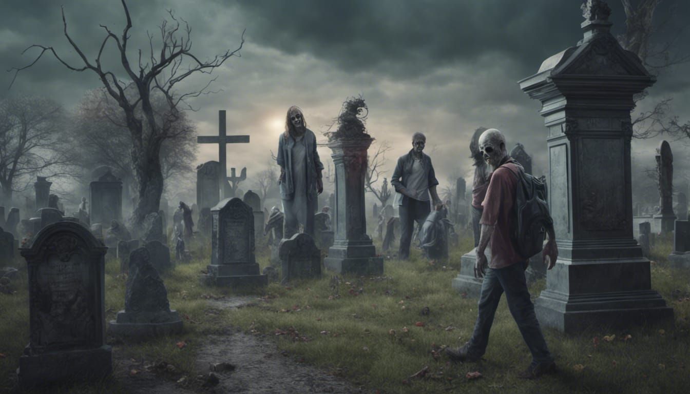 Zombies Roam a Haunted Cemetery: Hyperrealistic Art