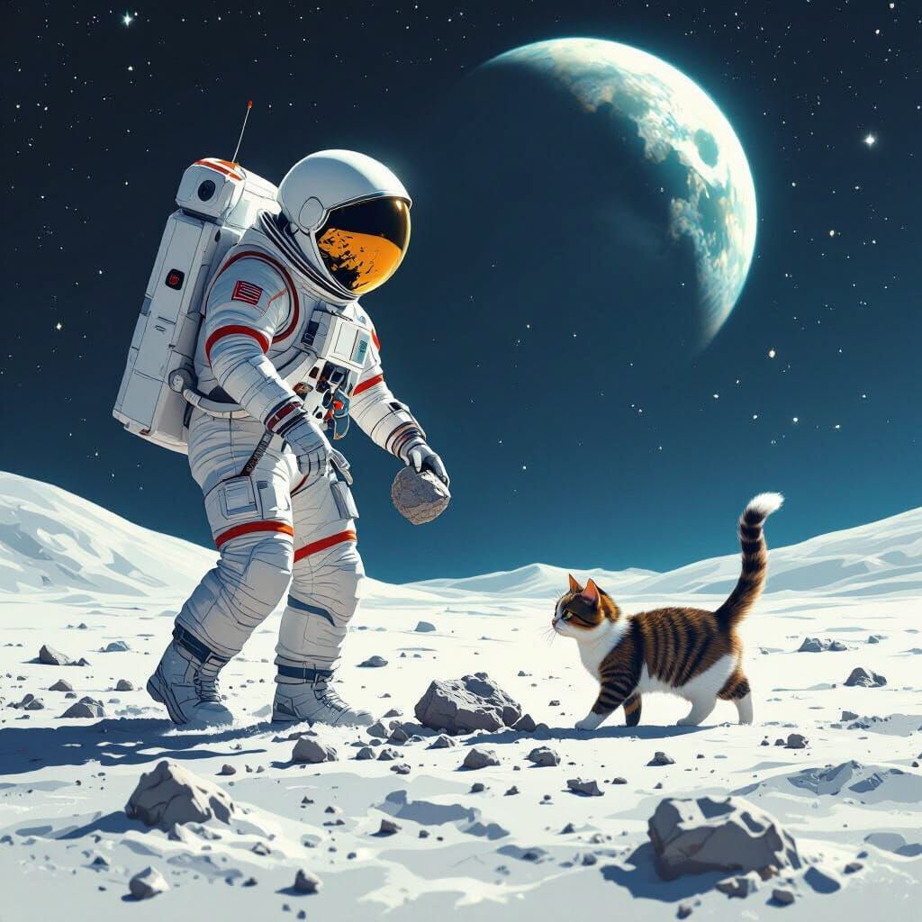 Astronaut and Cat Explore Moon in Sci-Fi Style