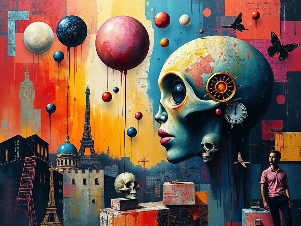 Vibrant Urban Dreamscape in Mixed Media