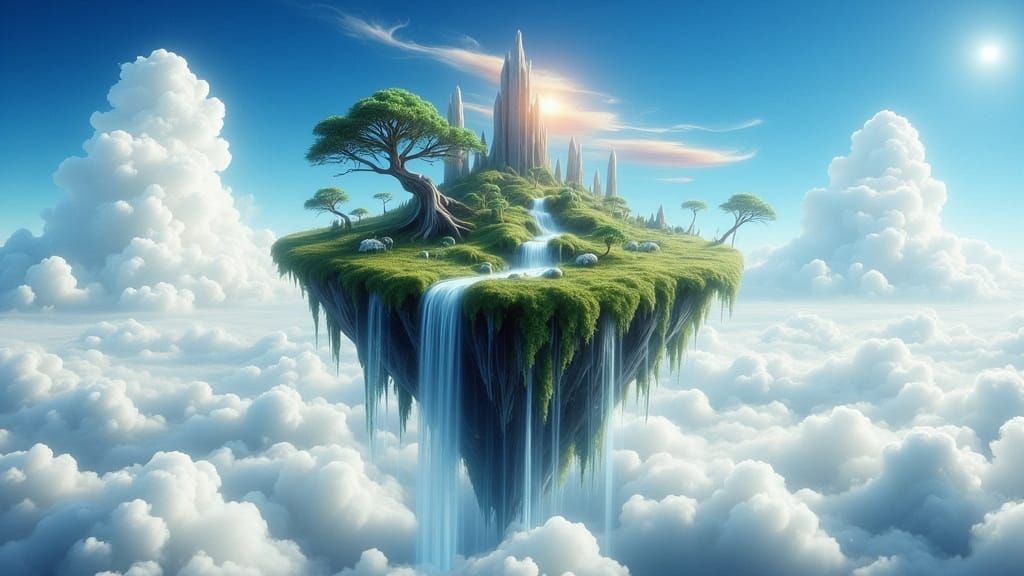 Surreal Island Paradise in a Dreamlike Sky