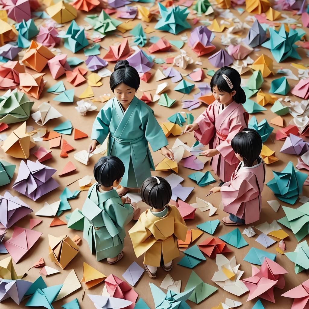 Origami Art: Children in a Chaotic Battlefield