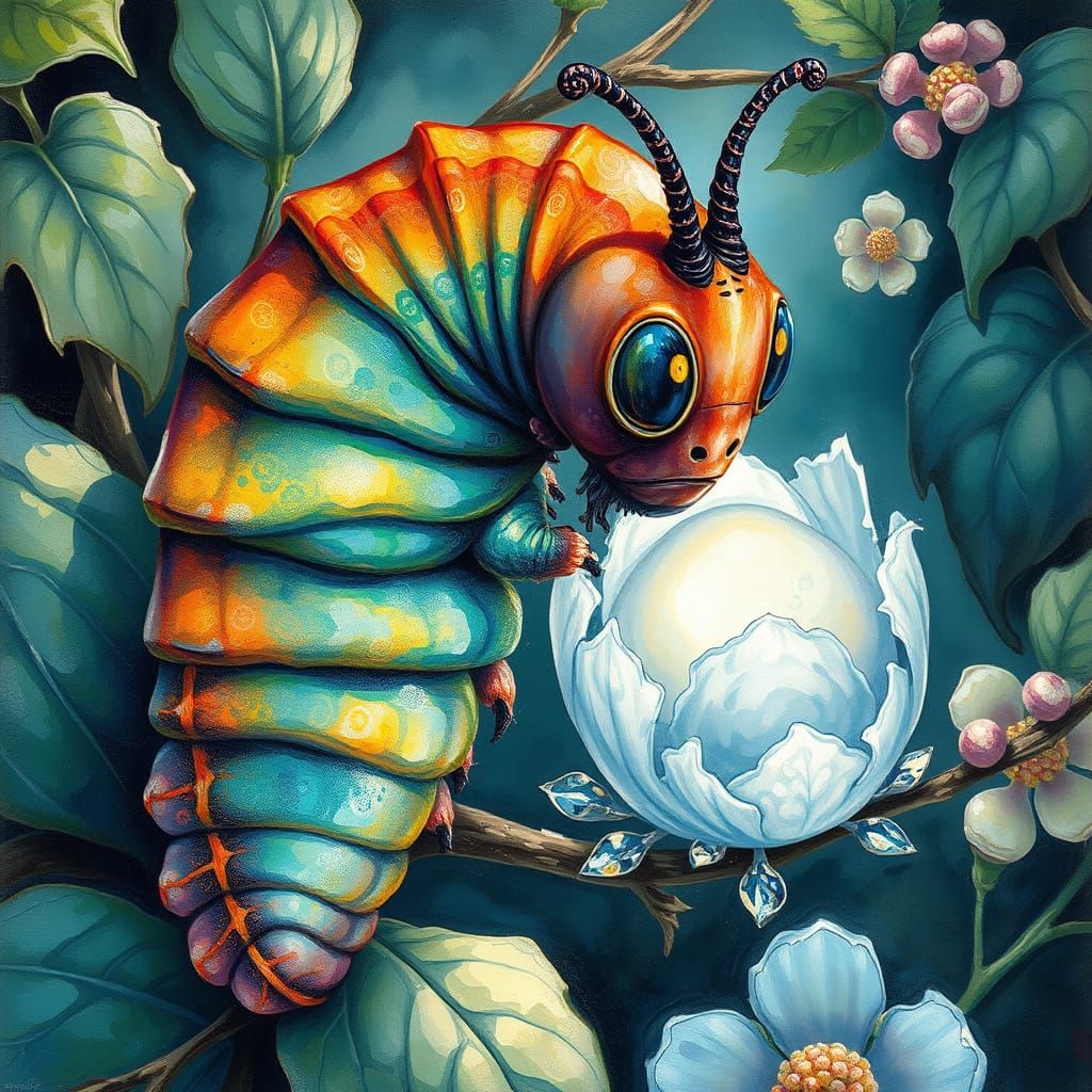 Iridescent Caterpillar and Silvery Cocoon in Impasto Style