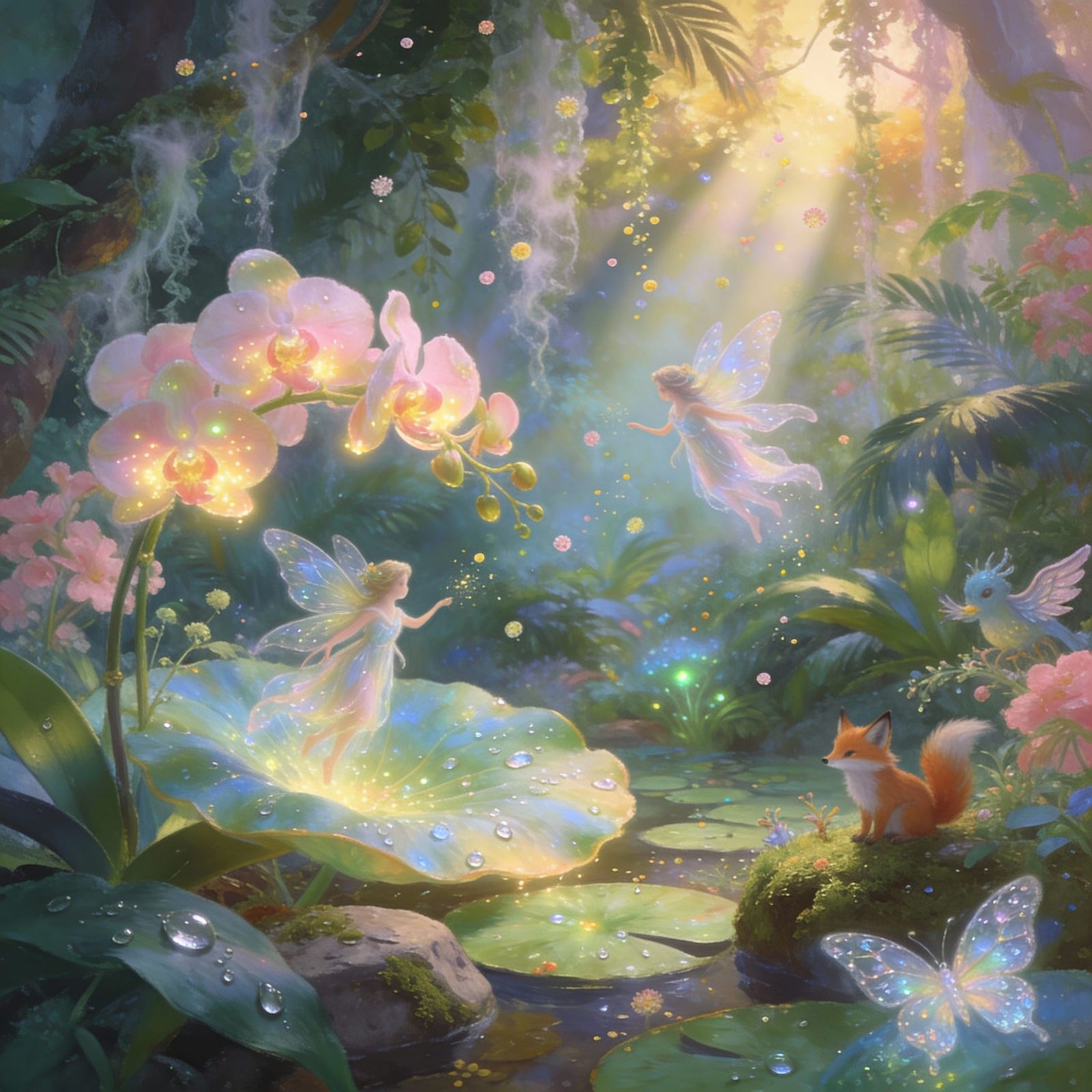 Whimsical Fairy Realm in Tropical Forest, Illuminated by Bio...