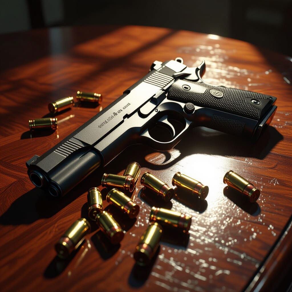 Hyperrealistic Handgun and Bullet Casings on Wooden Table