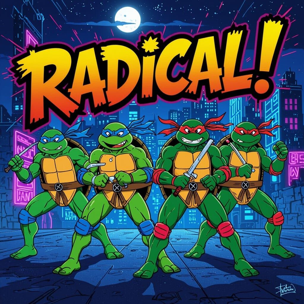 Ninja Turtles in Dynamic Poses with Radical Cityscape