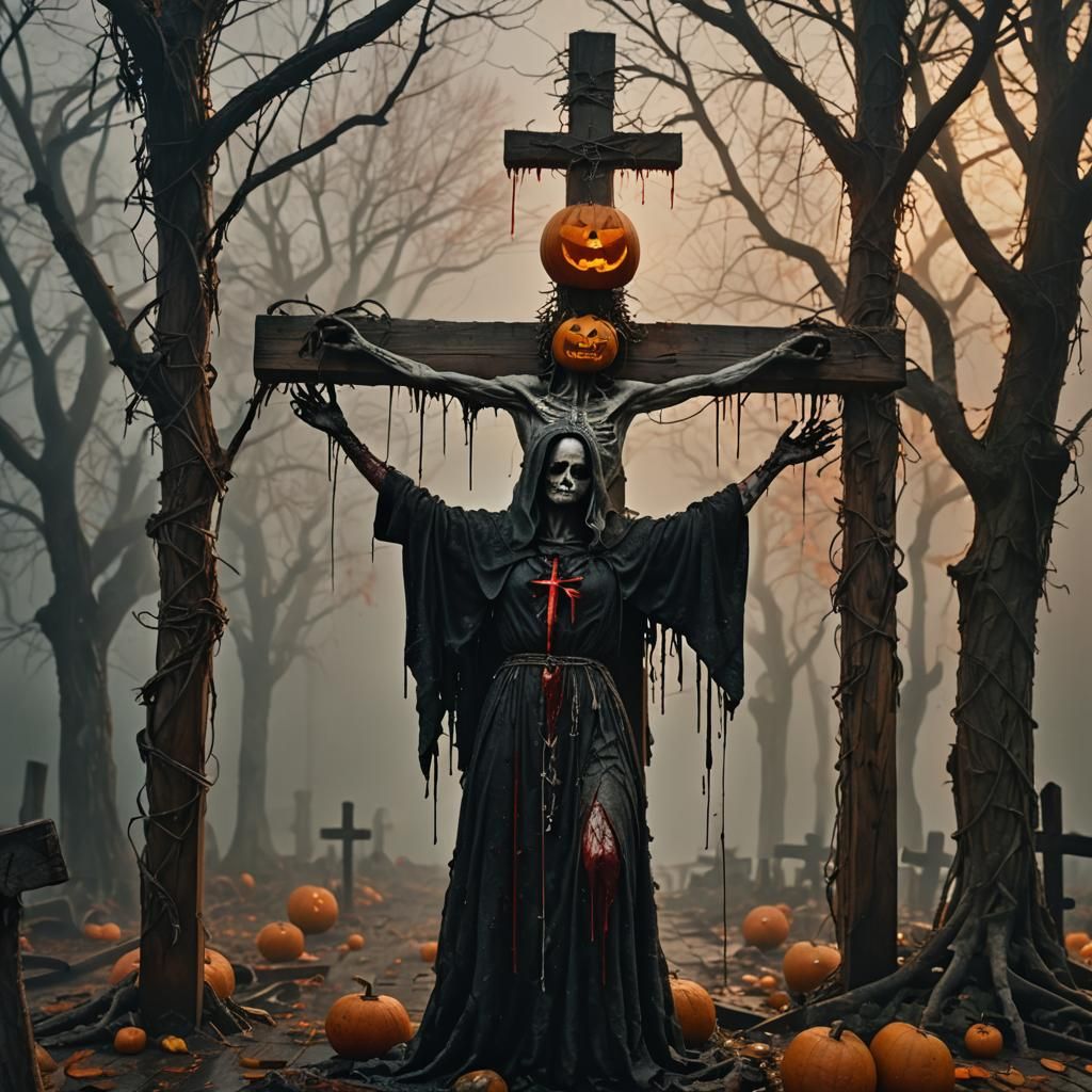 Crucified Pumpkin Woman in Gothic Horror Style
