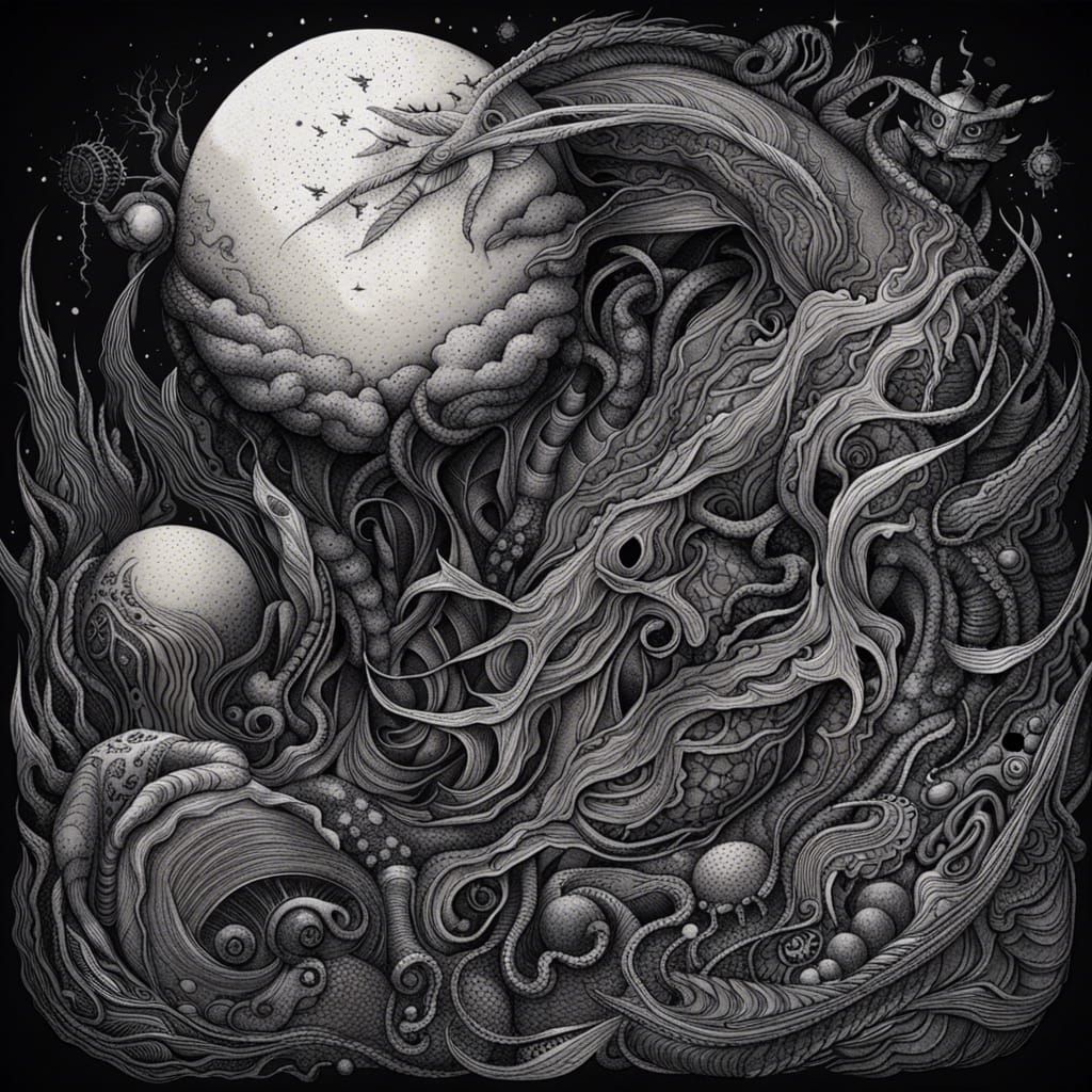 Intricate Black and White Ink Hatching in Eldritch Dreams