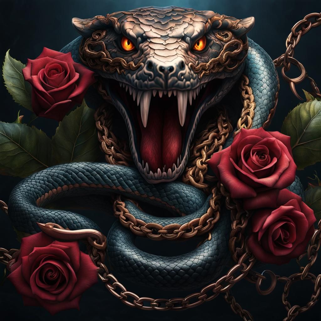 Detailed Snake and Rose Tattoo Design