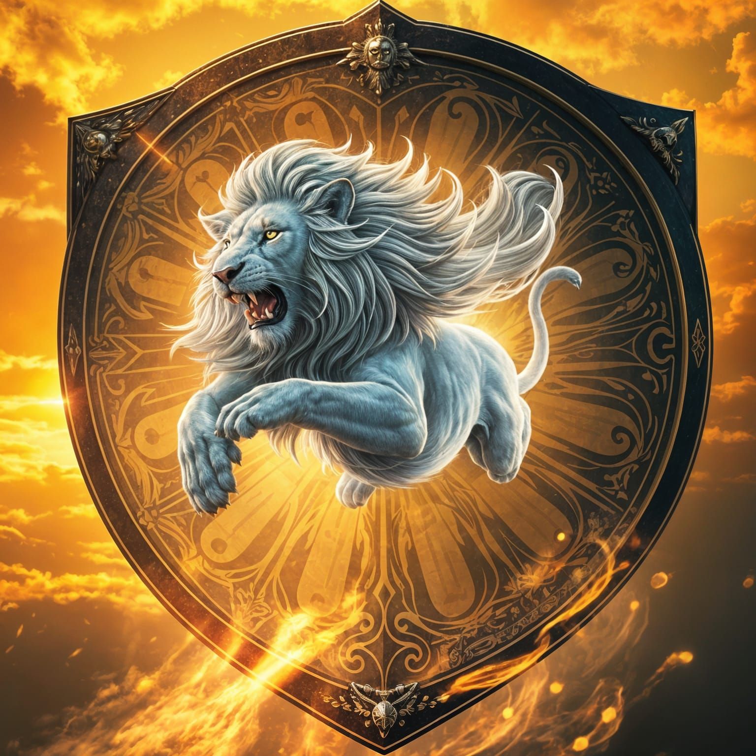 Mystical Lion Shield in Vibrant Sunset