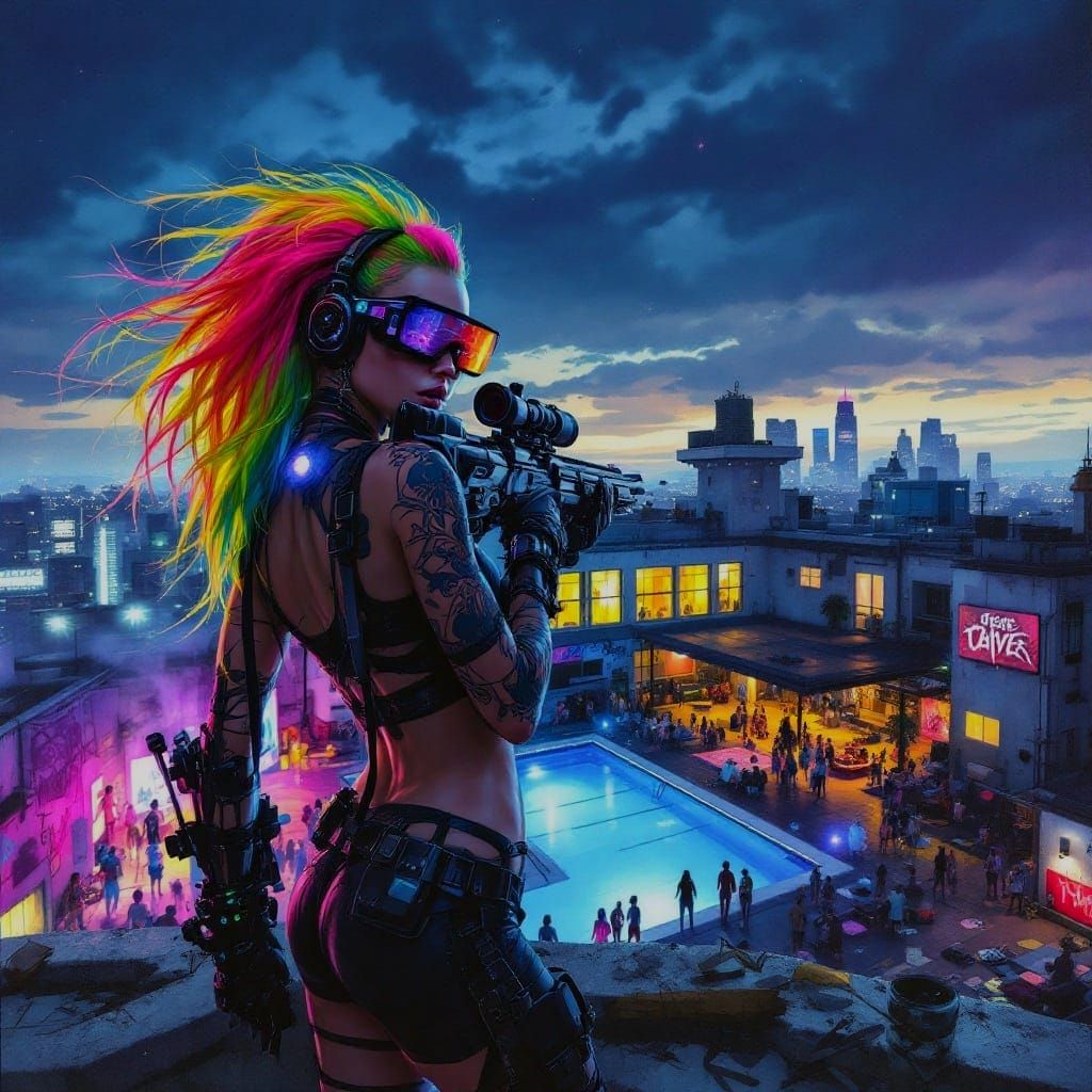 Cyberpunk Cybergirl on Rooftop, Adjusting Sniper Rifle Under...