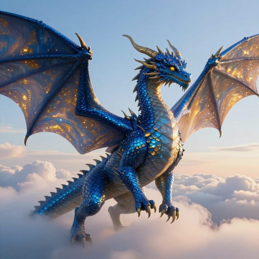 Majestic Blue Dragon with Golden Wings in Fantasy Art