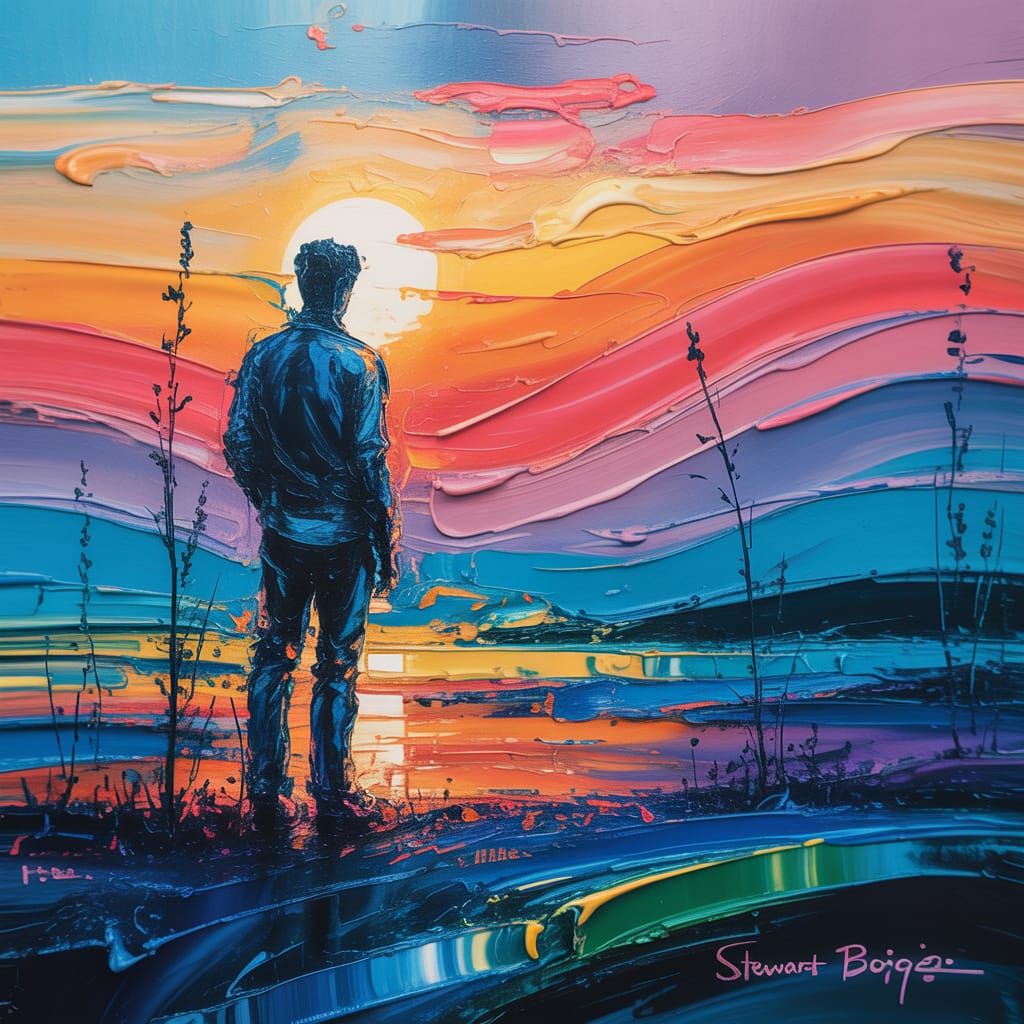 Expressionist Silhouette at Sunset as Impasto Painting