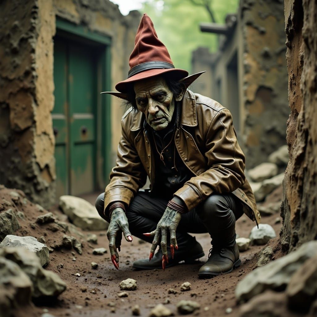 Dark, Grimy Hyperrealistic Portrait of a Mischievous Castle...