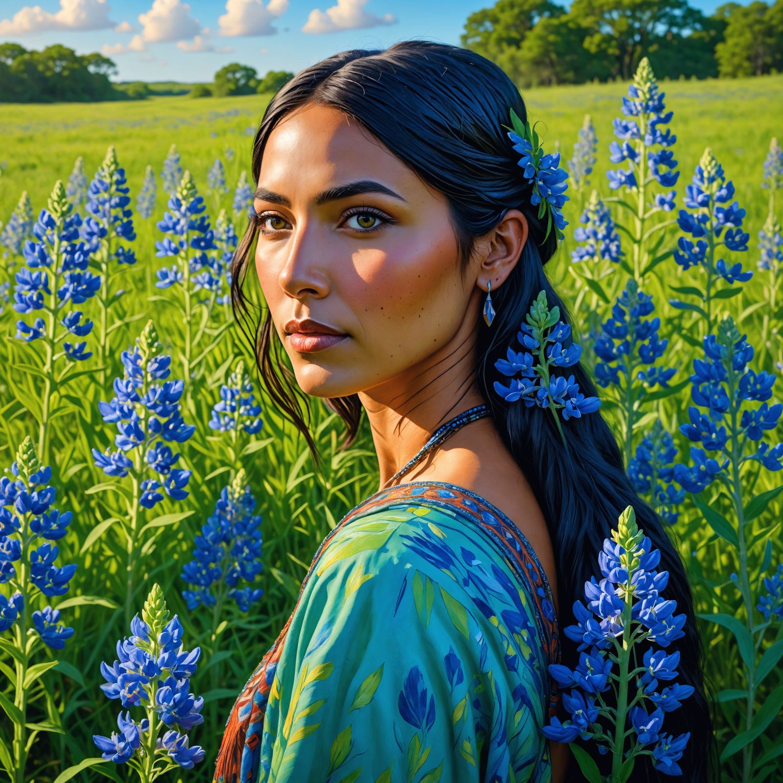 Native American Women in Vibrant Bluebonnet Field