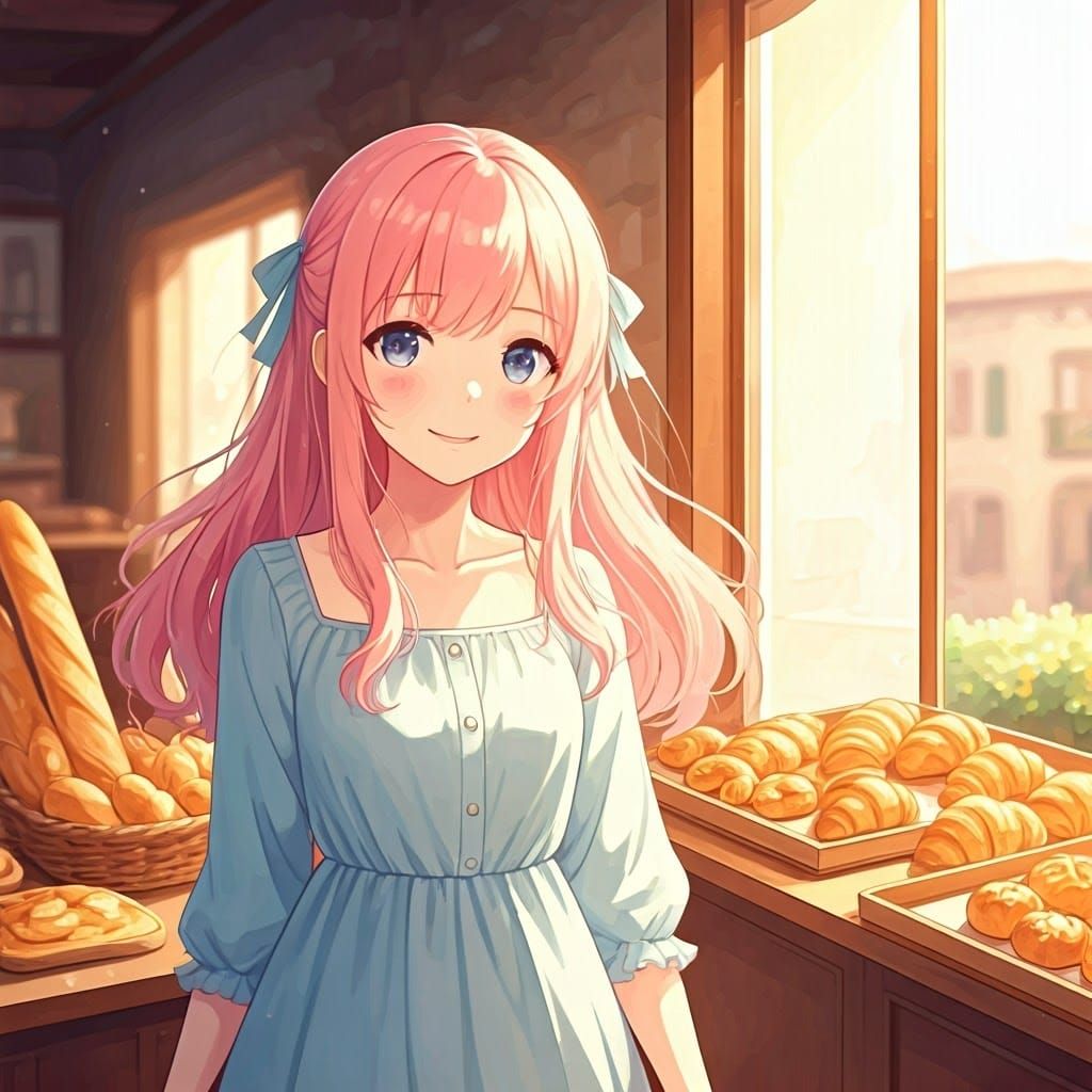 Anime Girl Enters Italian Bakery: Ghibli Watercolor