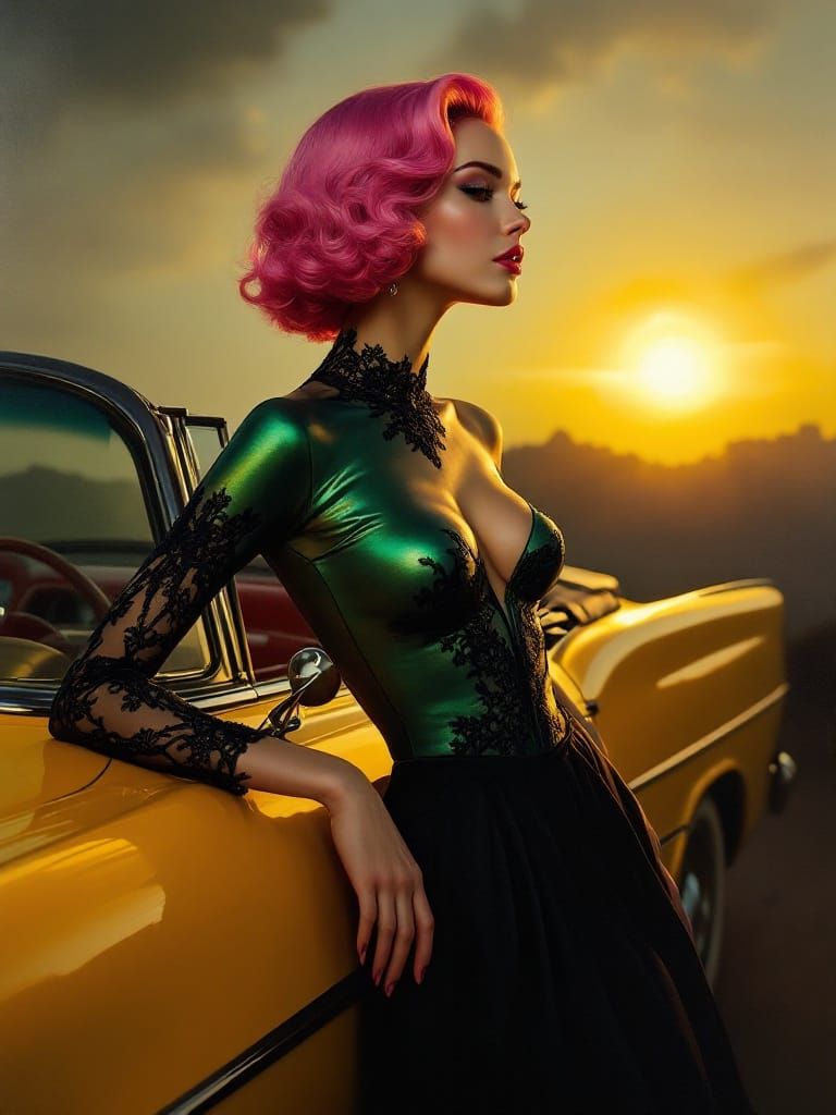 Ethereal Woman Beside a Vintage Convertible, in Oil Painting...