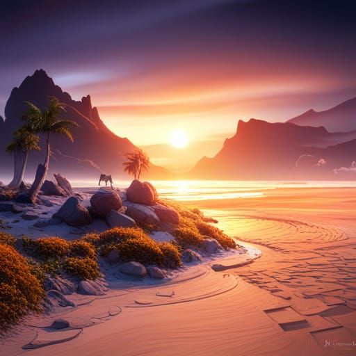 Sunset Beach Unicorn in Detailed Matte Painting Style