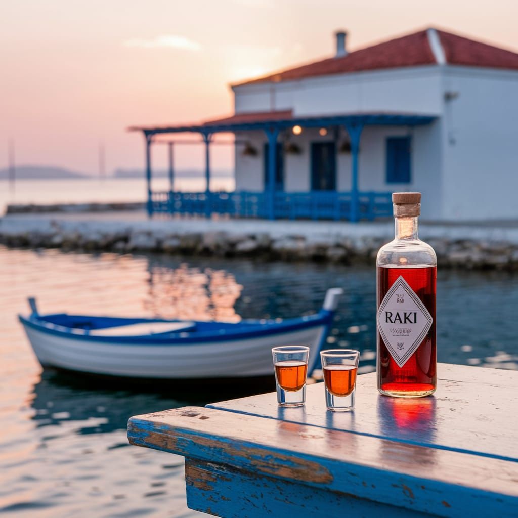 A Traditional Greek Taverna at Sunset, Raki and Fishing Boat