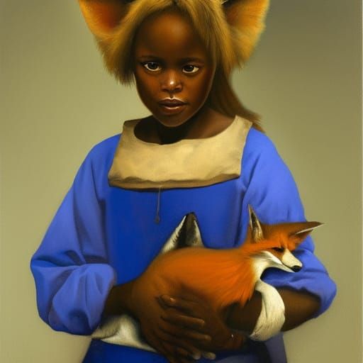 Girl with Fox in Vermeer Style Oil Painting