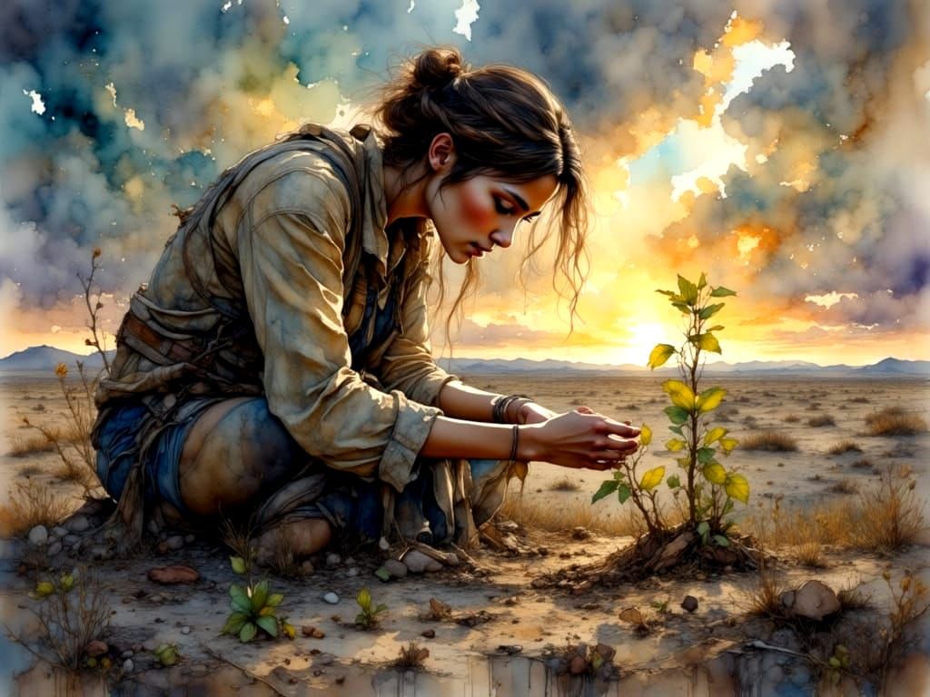 Hopeful Woman Plants Glowing Seedling in Desolate Wasteland