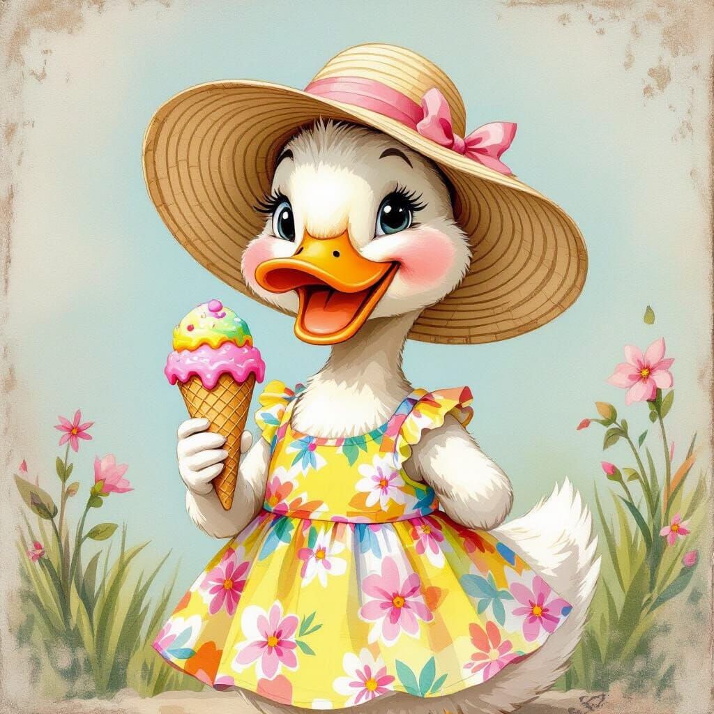 Joyful Duck with Ice Cream in Watercolor Style