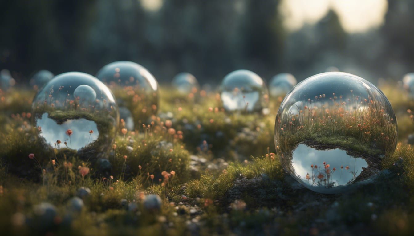 Glass Ball Worlds in Misty Field, 3D Render
