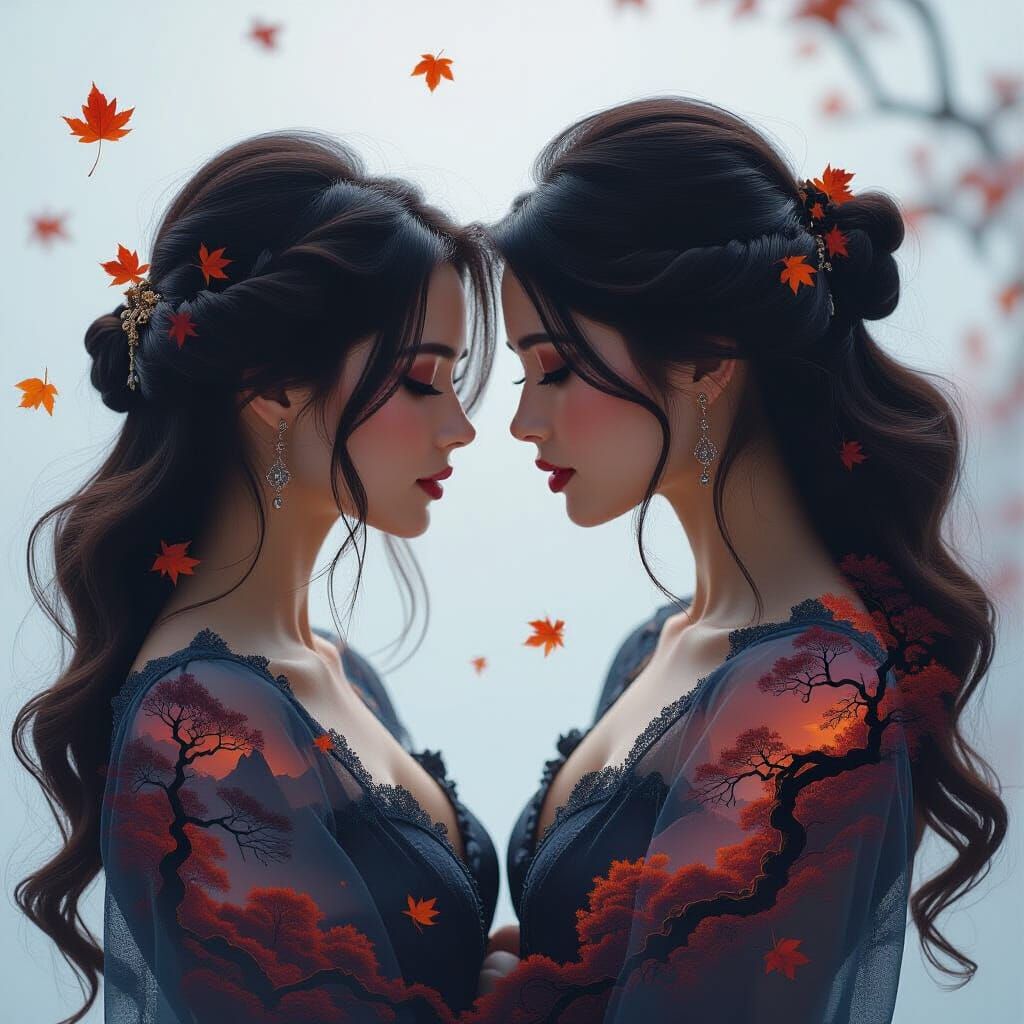 Double Exposure Woman with Autumn Garden Blooms