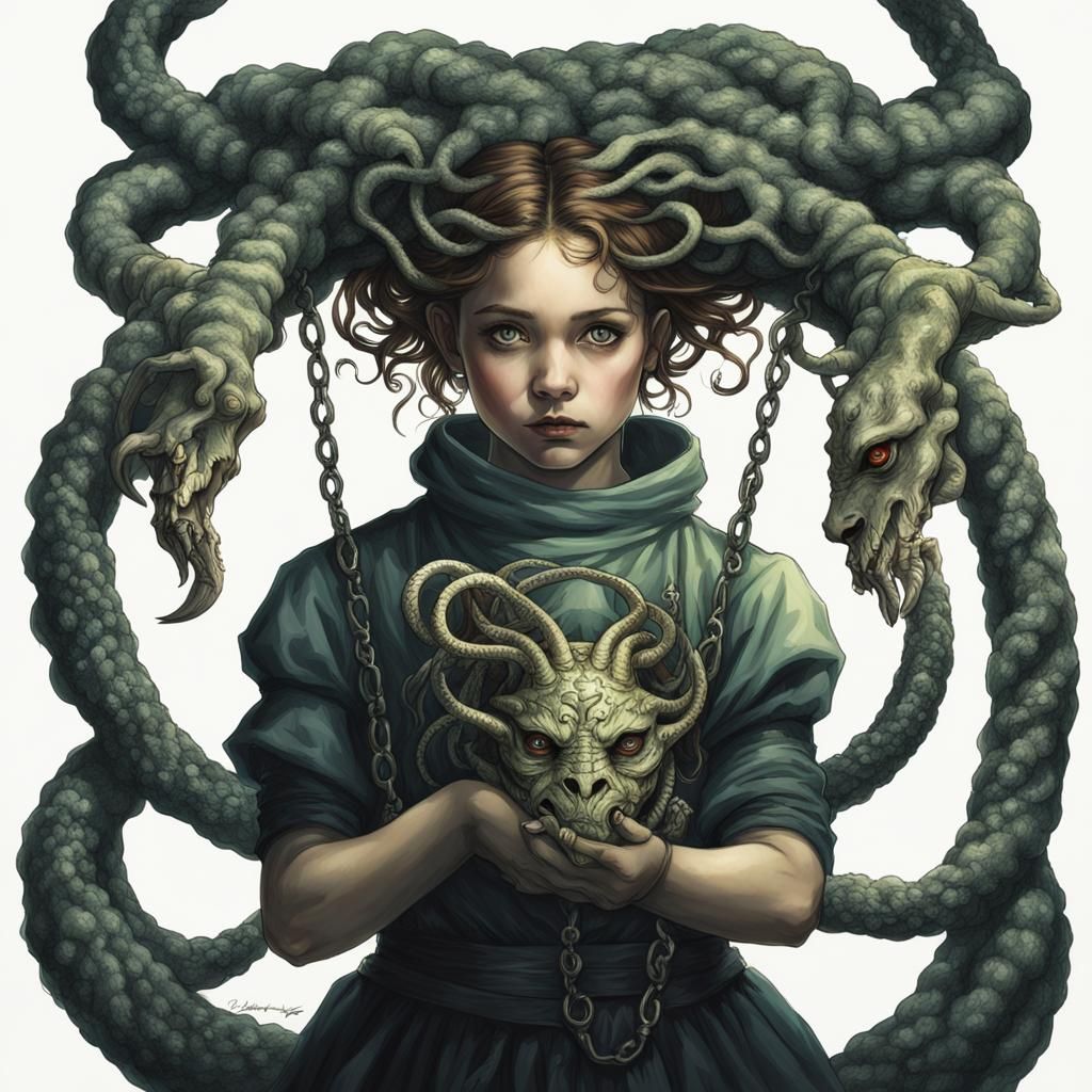 Girl Leashes Medusa in Dark Fantasy Art