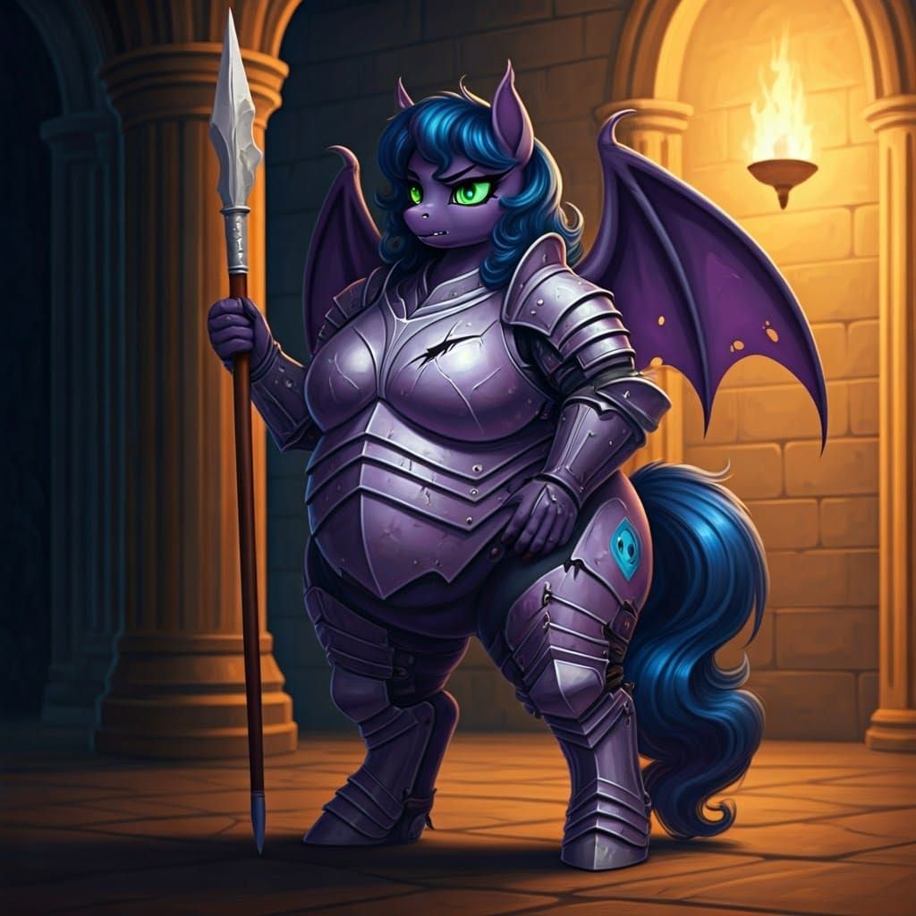 A Chubby Bat Pony Guards in Lavender Ornamental Armour