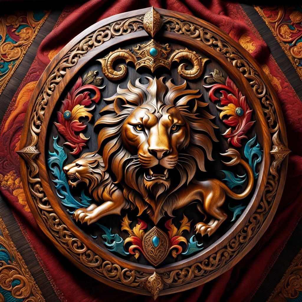 Medieval Shield with Lions and Dragons: Fantasy Art