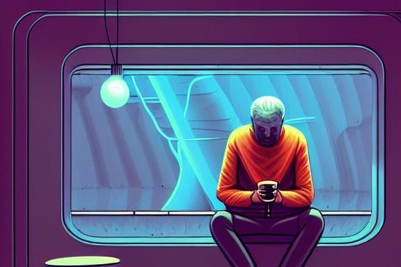 Sad Man in Futuristic Cafe: Cosmic Comic Art