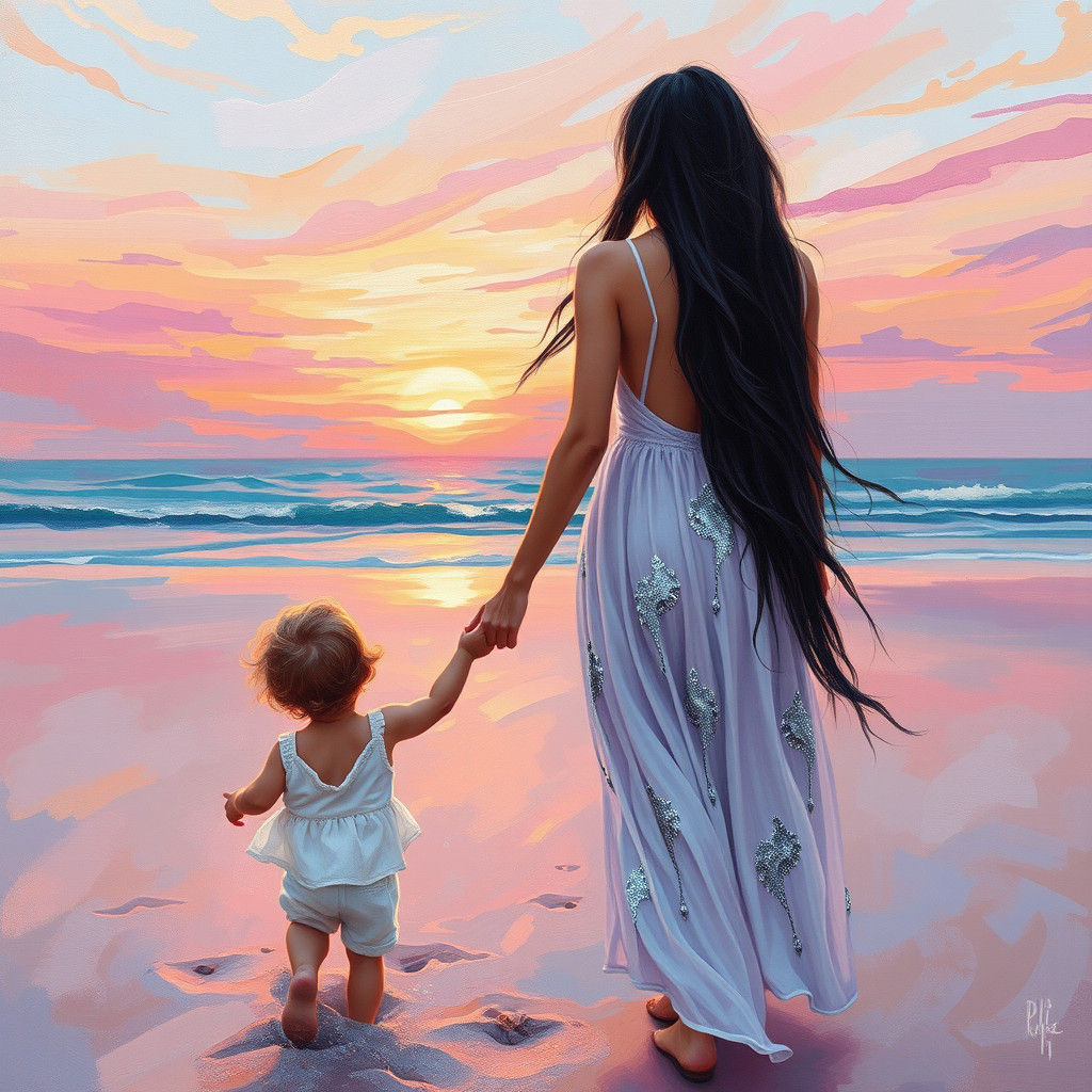 Mother and Child at Sunset: Neo-Impressionist Painting
