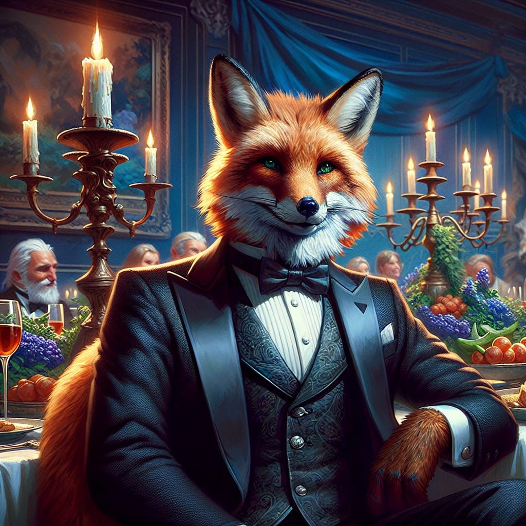 Anthropomorphic Fox at Dinner Party in Fantasy Style