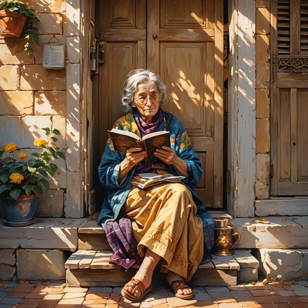 Cozy Fantasy: Old Woman Reading in Morning Light