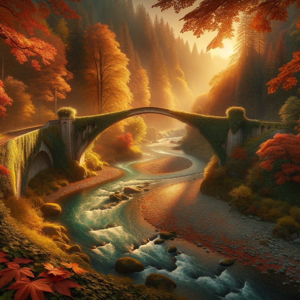 Surreal Autumn Panorama with Ancient Bridge, Golden Hour, an...