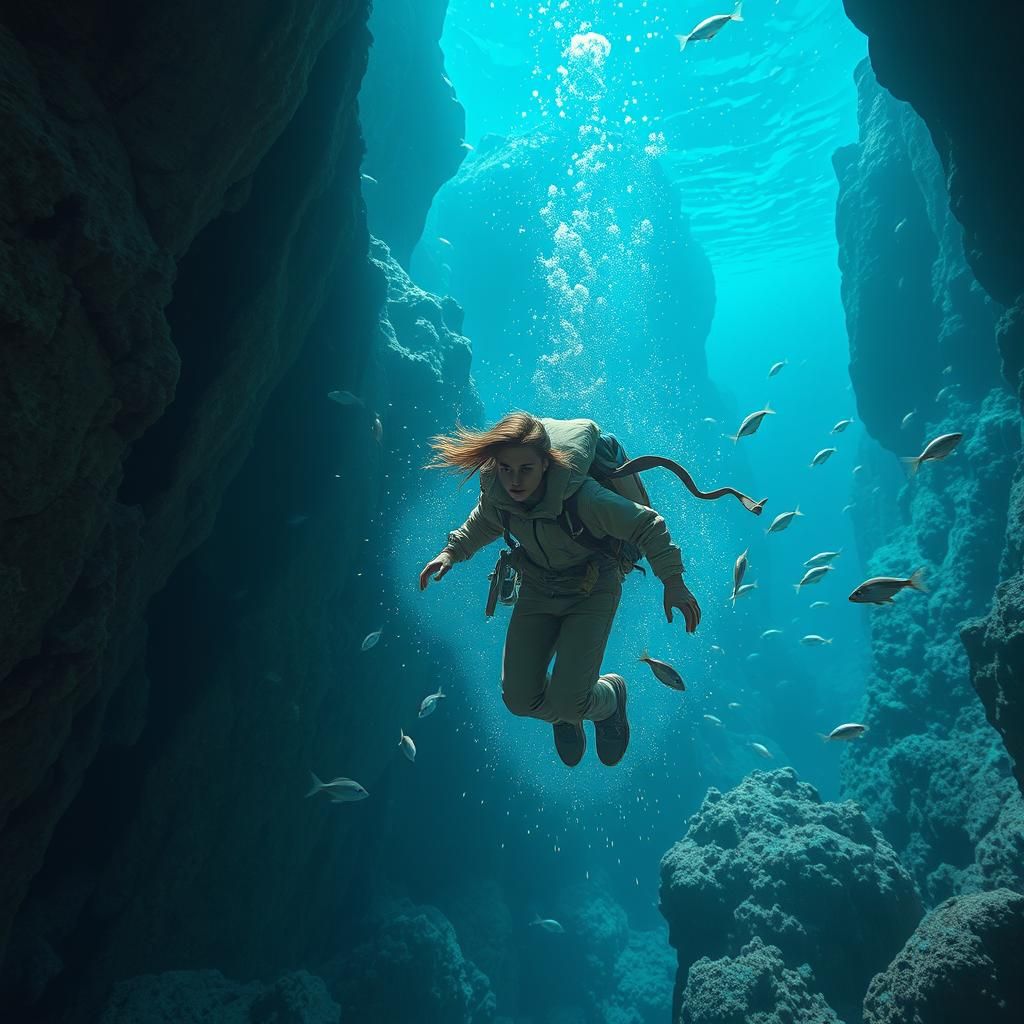 Underwater Canyon Explorer in Bioluminescent Deep Sea