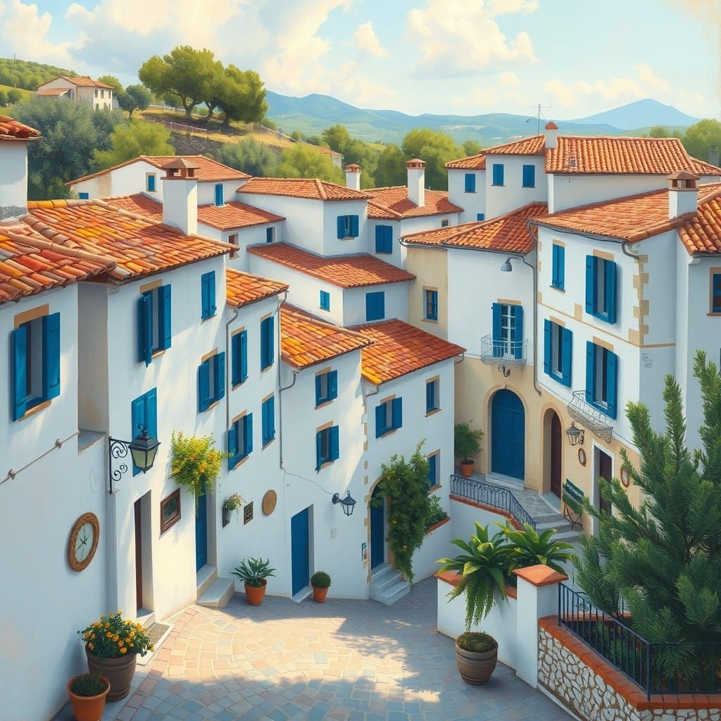 Whitewashed Village Houses in Mediterranean Landscape