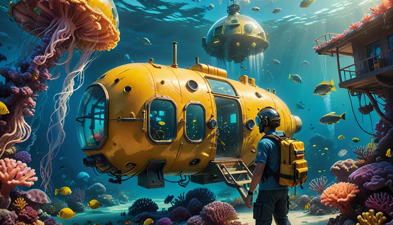 Underwater School Submarine in Vibrant Digital Painting