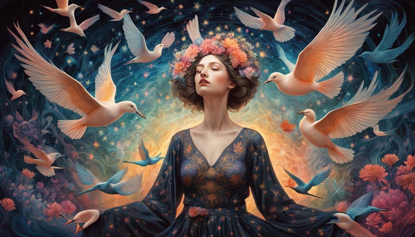 Ethereal Woman Transforms into Iridescent Birds Amidst Cosmi...
