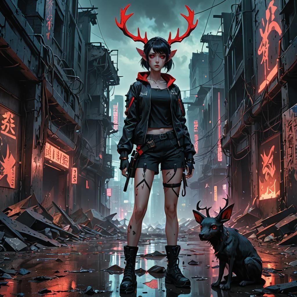 Anime Woman with Antlers in Post-Apocalyptic Setting
