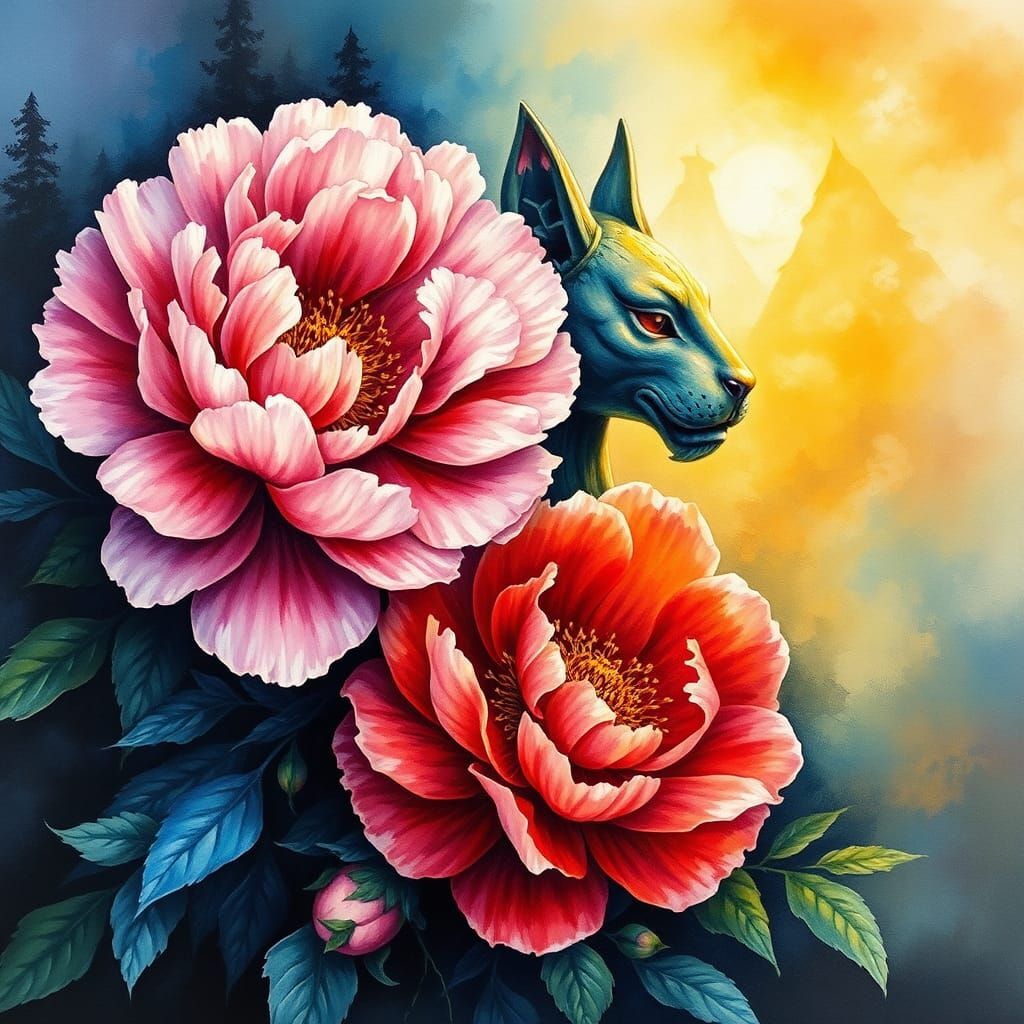 Peonies and Sphinx in Alcohol Ink Painting
