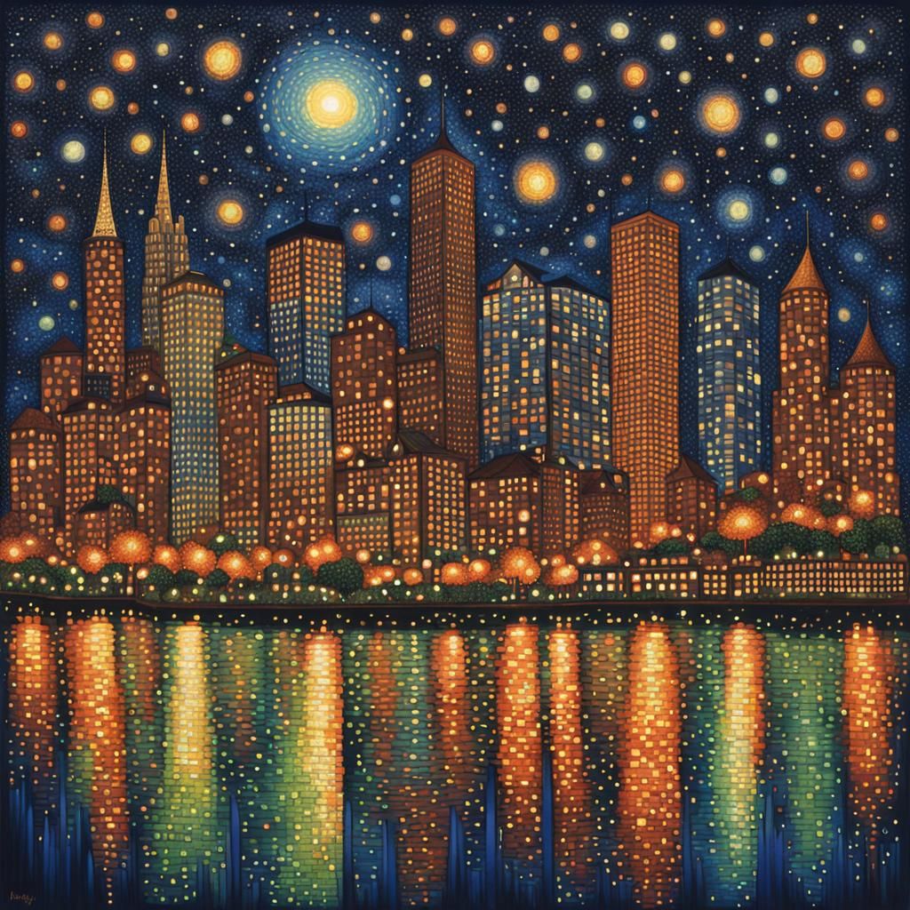 Luminous Cityscape at Night in Pointillist Style