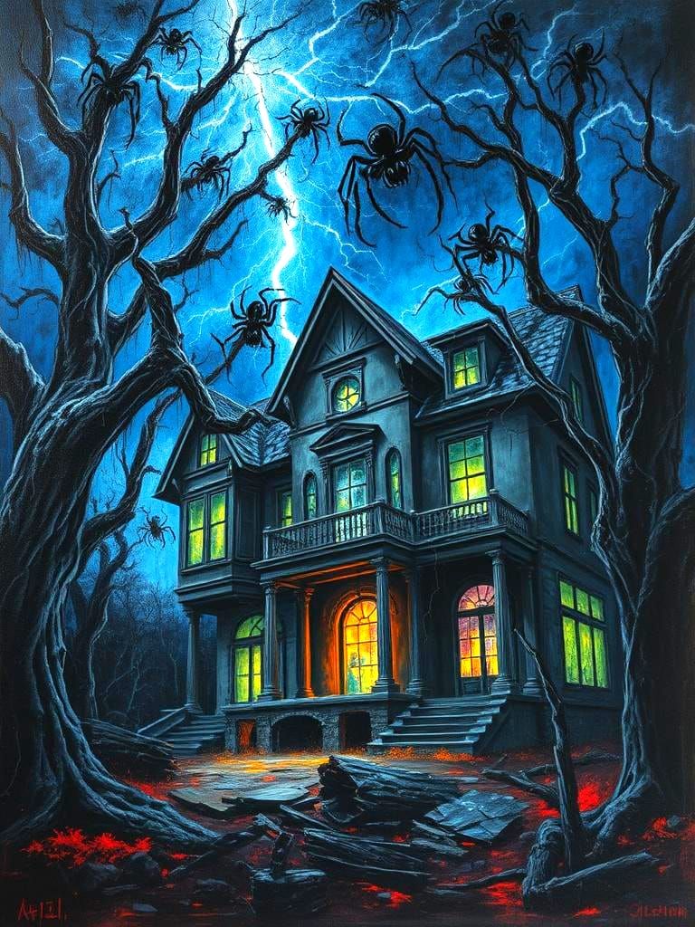 Demonic Haunted House Surrounded by Twisted Trees