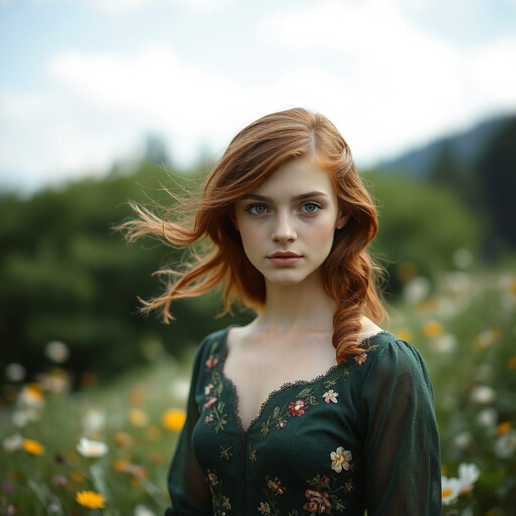 Ethereal Woman in Wildflower Field, Impressionistic Style