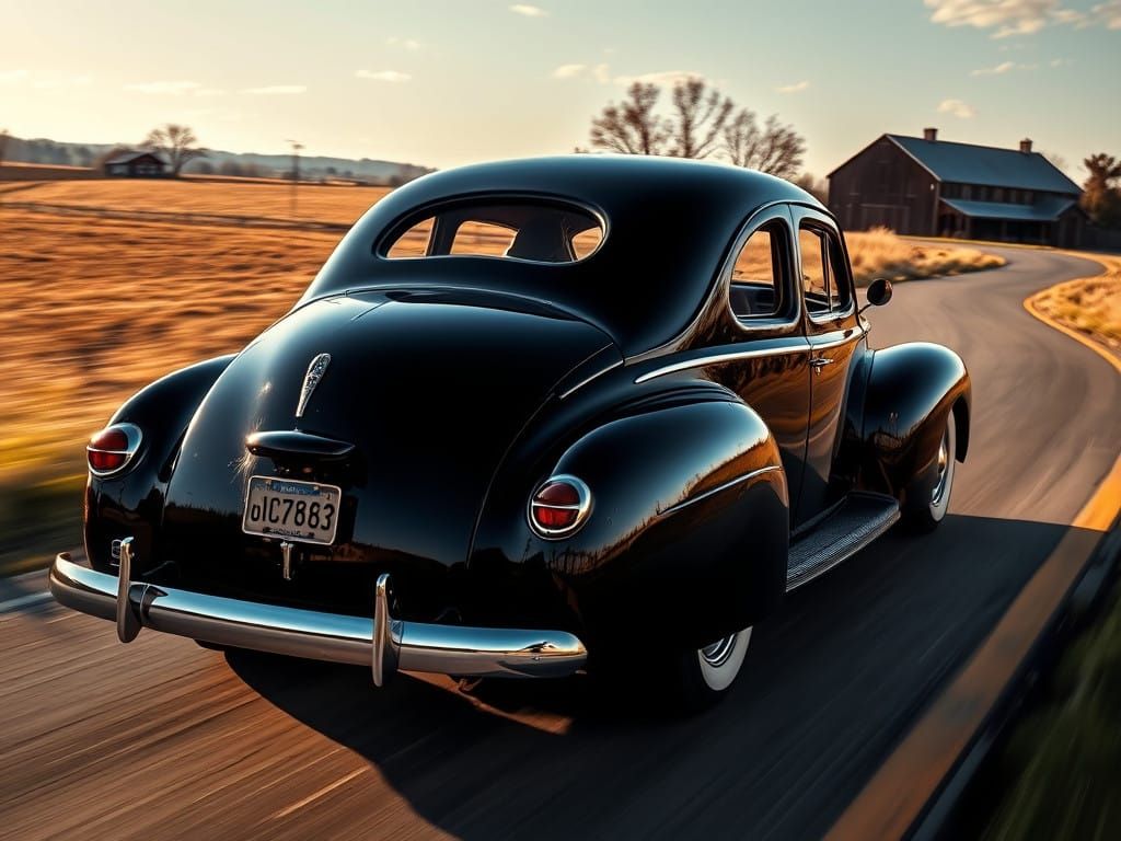 Vintage Black 1940 Ford Deluxe on a Winding Country Road