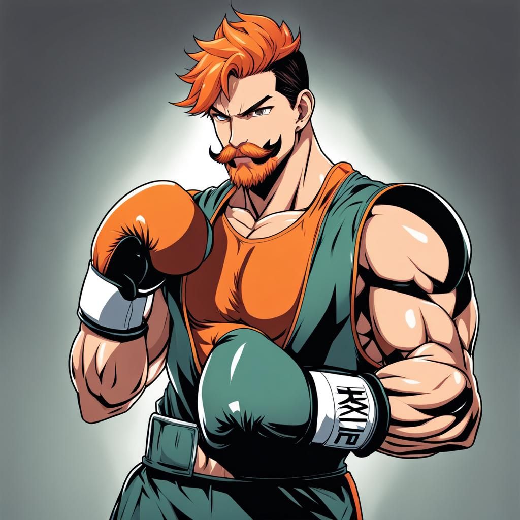 Anime-Style Muscular Man with Orange Hair and Boxing Gloves