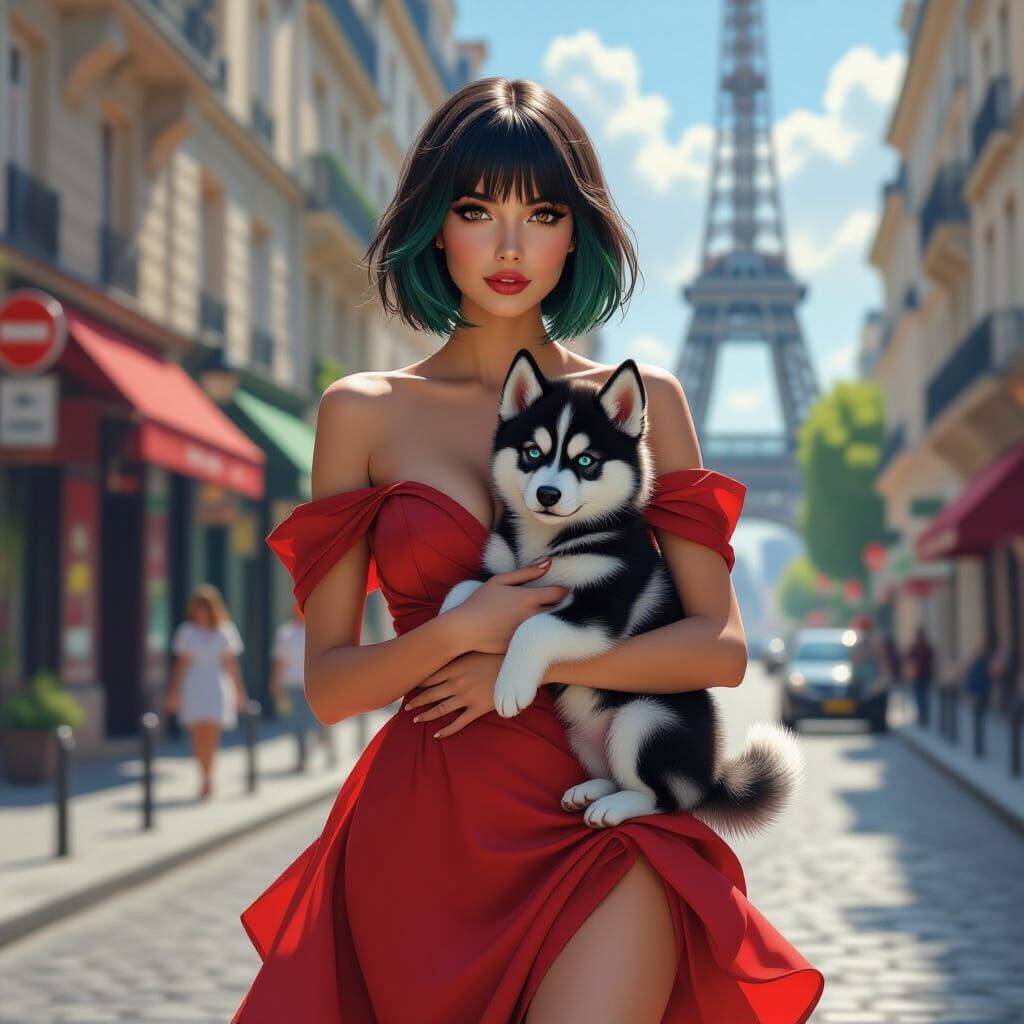 Woman with Green Hair and Husky Puppy, Hyperrealistic Art