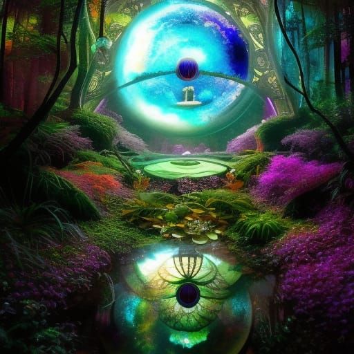 Ethereal Hexagon Planet Mirror in a Faerie Garden