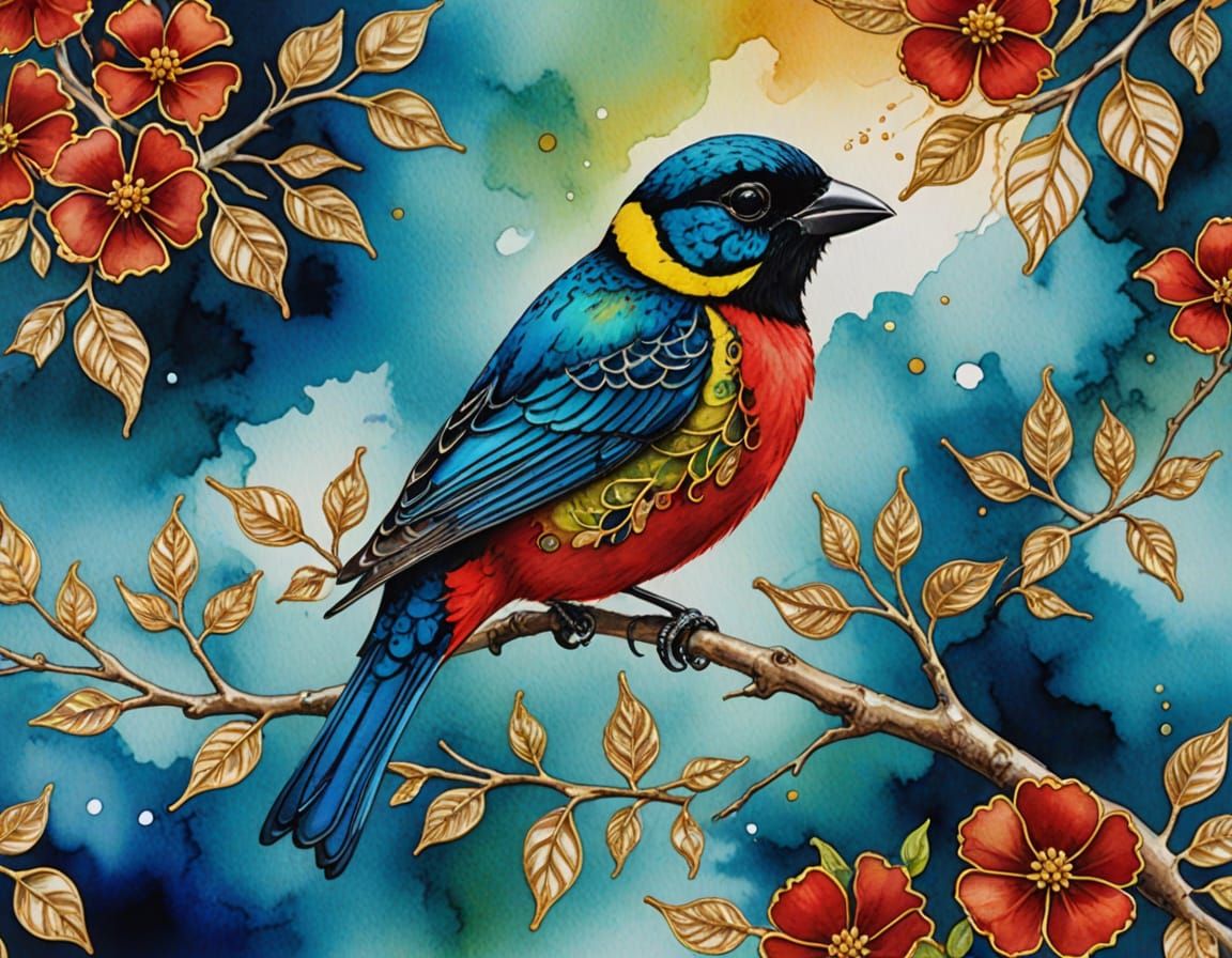 Exquisite Watercolor Bird in Gold Filigree