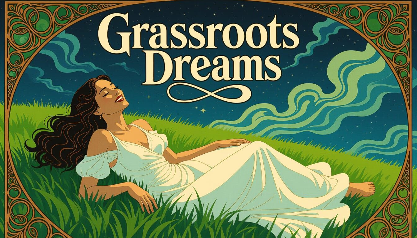Dreamlike Woman in Grass with Art Deco Elements